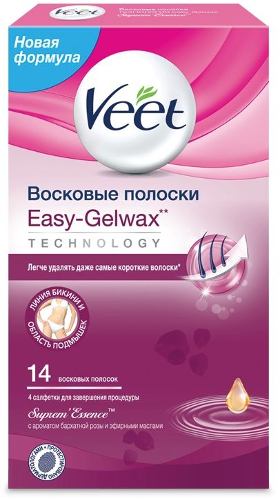 заказать и купить Veet Восковые полоски для чувствительных участков тела (бикини) с ароматом бархатной розы и эфирными маслами Easy Gel-Wax, 14 шт